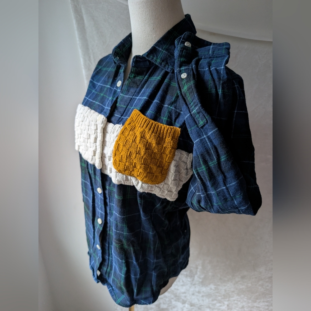 Graniph Crochet Chest Panel Pocket Custom Design Blue Plaid Button Down Shirt